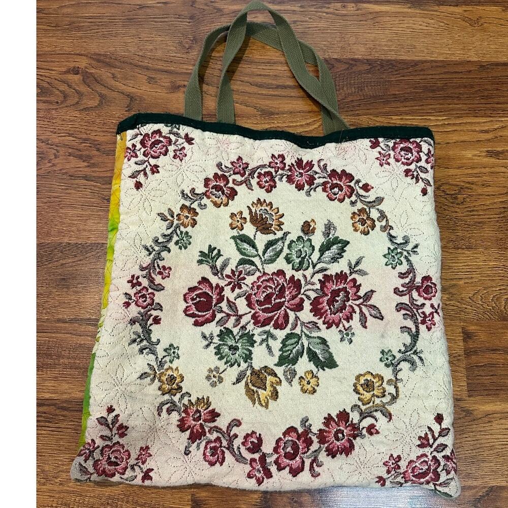 Vintage Style Floral Tapestry Handmade Tote Bag 17x17 Boho Unique Artsy Cottage